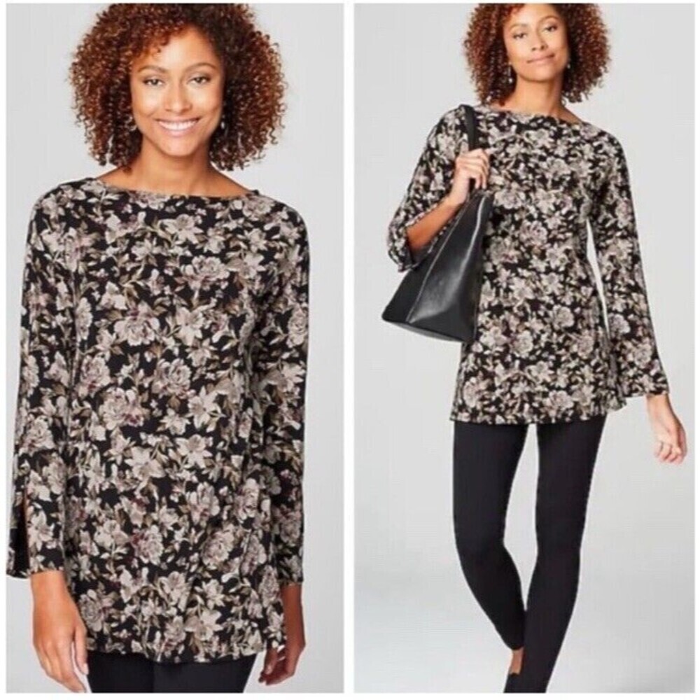 J Jill (XS)  Luxe Supima Split Sleeve Tunic Blouse Top Womens Black Floral Chic